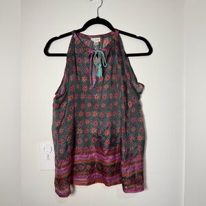 Boho Floral Tie-Neck Halter Camisole - Gray with Pink & Teal